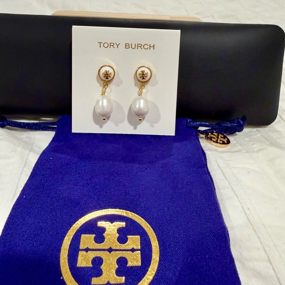 Tory Burch Jewelry - Tory Burch Gold and White Pearl Drop Earrings with Logo Discs